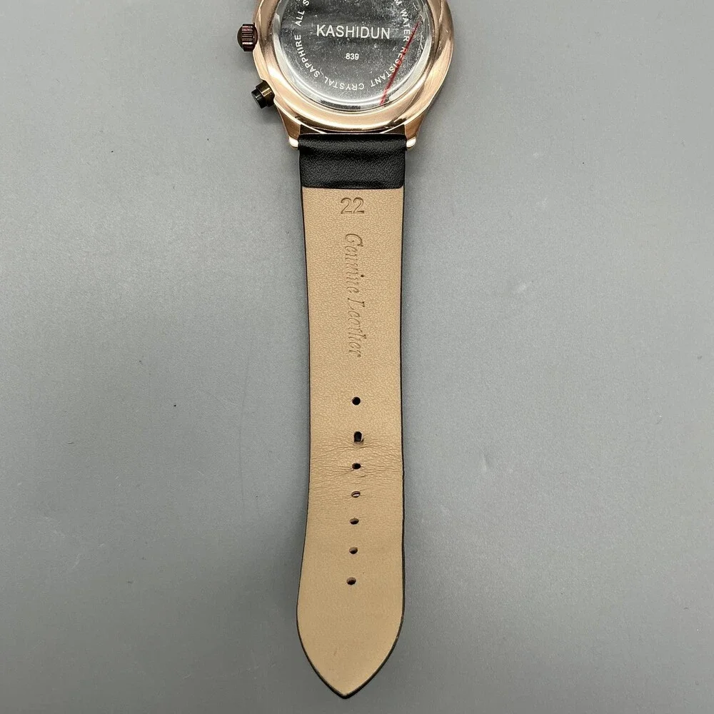 Kashidun Mens Watch 43mm Rose Gold Black Leather Multi Dial Date New Battery